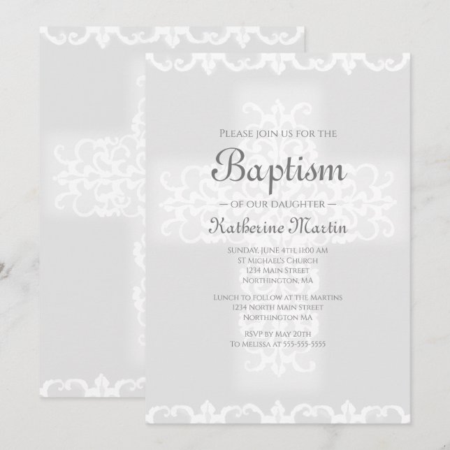 Taufe Christlich Cross Gray Damask Girl Einladung (Vorne/Hinten)