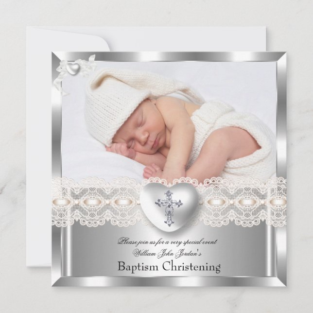 Taufe Creme Silver Foto Herzkreuz Mädchen 2 Einladung (Vorderseite)