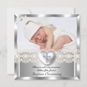 Taufe Creme Silver Foto Herzkreuz Mädchen 2 Einladung