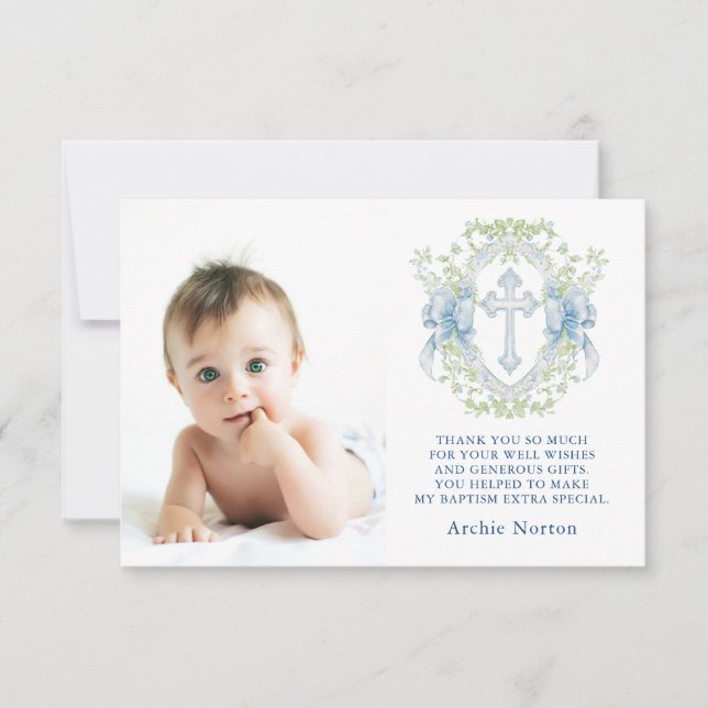 Taufe Cross Wappen Greenery Baby Boy Foto Dankeskarte (Vorderseite)