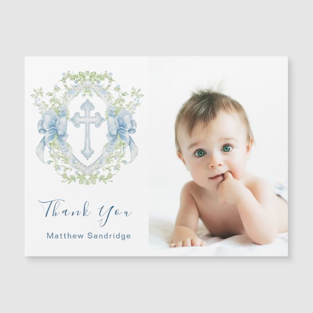 Taufe Cross Wappen Greenery Baby Boy Foto Magnet (Vorderseite)
