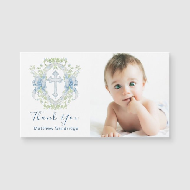Taufe Cross Wappen Greenery Baby Boy Foto Magnet (Vorderseite)