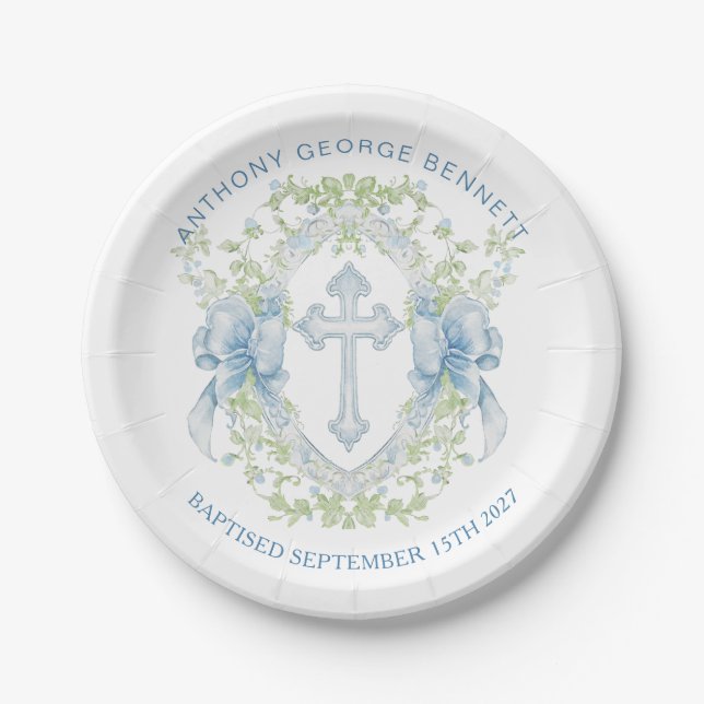 Taufe Cross Wappen Greenery Baby Boy Paper Plate Pappteller (Vorderseite)