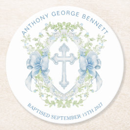 Taufe Cross Wappen Greenery Baby Boy Runder Pappuntersetzer