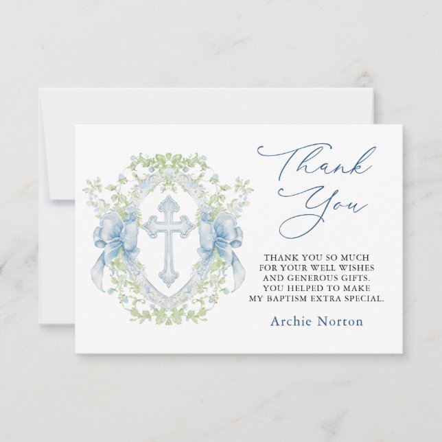 Taufe Cross Wappen Greenery Baby Boy Vielen Dank Dankeskarte (Vorderseite)