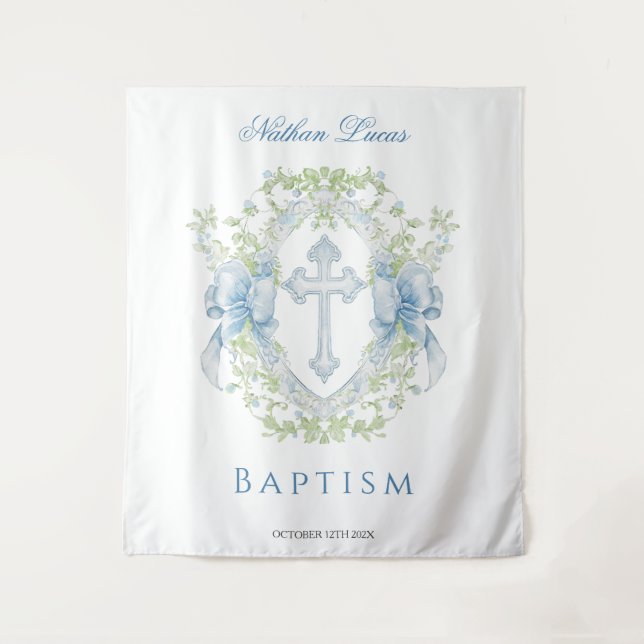 Taufe Cross Wappen Greenery Baby Boy Wandteppich (Vorderseite)
