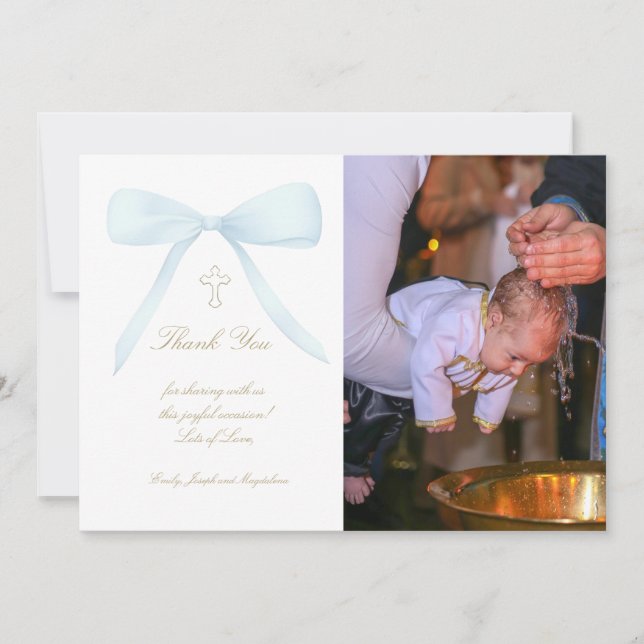 Taufe danke Foto blauer Bogen Einladung (Vorderseite)