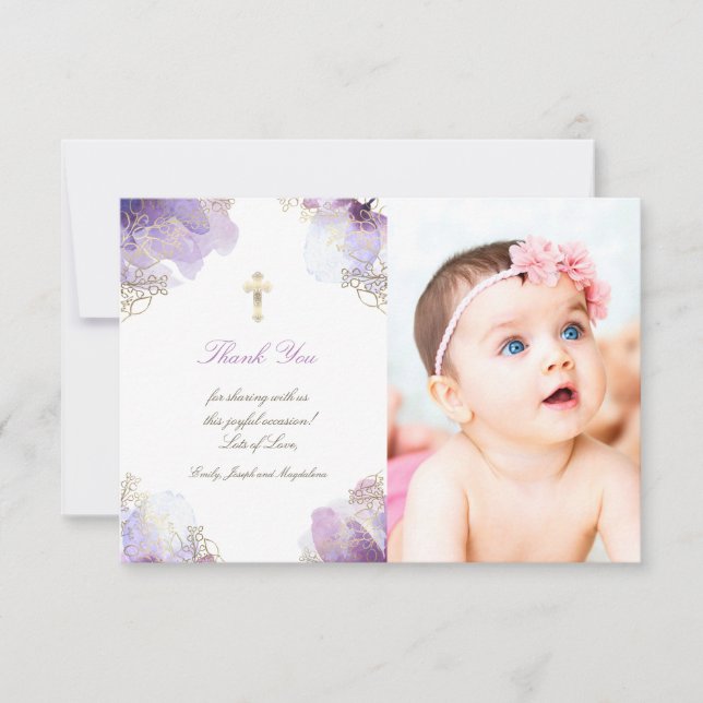 Taufe danke Ihnen lila Aquarell-Blume Einladung (Vorderseite)