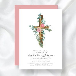 Taufe der religiösen Cross Pink Floral Girl Einladung