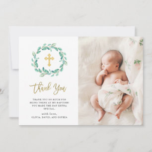Taufe des Aquarell-Eukalyptus-und Goldkreuz-  Dankeskarte