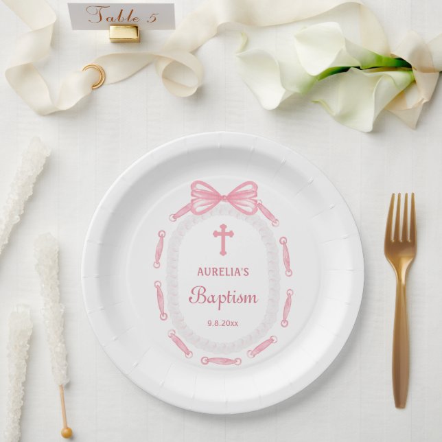 Taufe des rosa Bow-Ribbon-Frame Pappteller (Hochzeit)