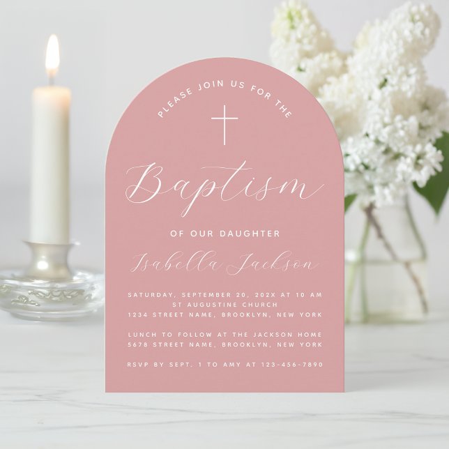 Taufe Dusty Rose Arch Pink Girl Christening Einladung (Von Creator hochgeladen)