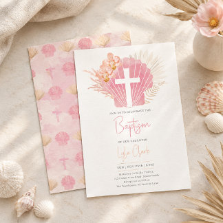 Taufe eines Baby-Mädchens | Boho Rosa Muschel Kreu Einladung