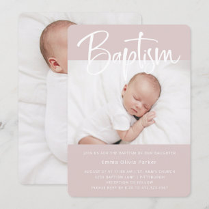 Taufe Einfach minimales Rosa mit zwei Fotos Einladung