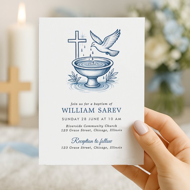 Taufe Einladung mit Taube- und Wasserbowlingdesign (Simple and elegant baptism invitation with dove and cross, perfect for your event.)
