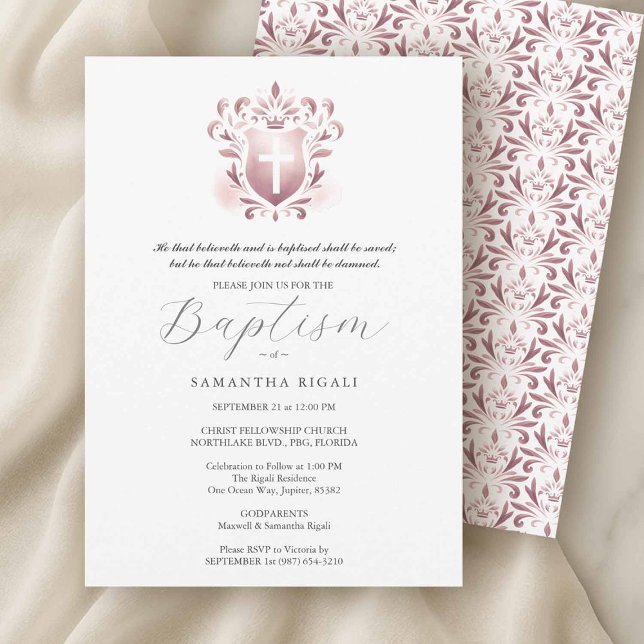 Taufe Einladungen religiöse Eltern Name (Girl baptism invitations with dusty pink designs on a crisp white background.)