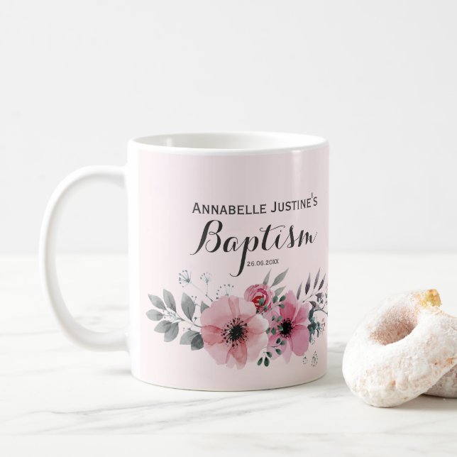 Taufe Elegant Rosa Blütenwelt Kaffeetasse (Mit Donut)