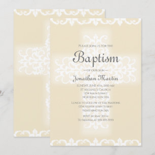 Taufe Elegantes Weiß Beige Damask Christliches Kre Einladung