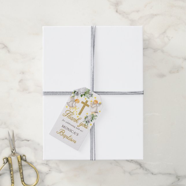 Taufe Engel Gold Glitzer Geschlecht neutral Geschenkanhänger (Mit Garn)