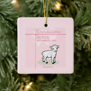 Taufe Enkelin Rosa Mädchen Lamm Name und Datum Keramikornament