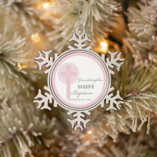 Taufe Enkelin Rosa Spitze Personalisiert Schneeflocken Zinn-Ornament