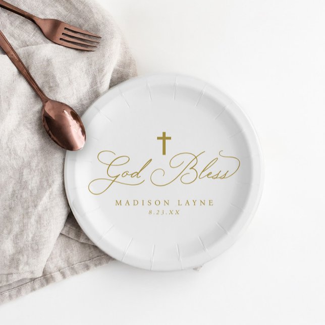 Taufe Erste Kommune Gold Gott segne Kreuz Pappteller (Elegant God Bless paper plates with gold cross, perfect for baptism or first communion.)