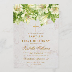 Taufe Erster Geburtstag Lilies Marble Gold Cross Einladung