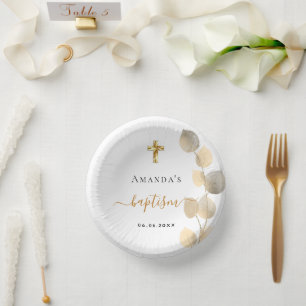 Taufe Eukalyptus goldweiß elegant Pappteller