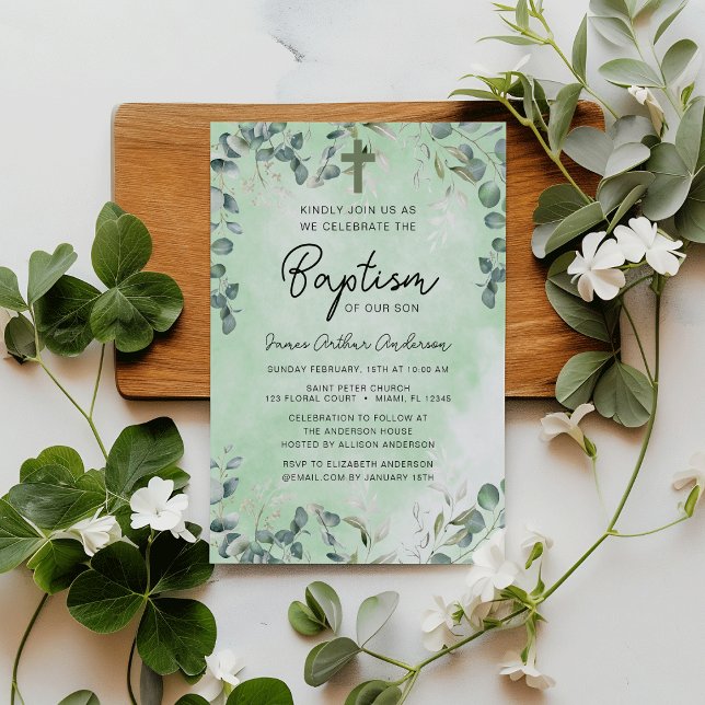 Taufe Eukalyptus Wasserfarbene Grünpflanzen Einladung (Elegant Botanical Baptism Eucalyptus Watercolor Christening Greenery Invitation)