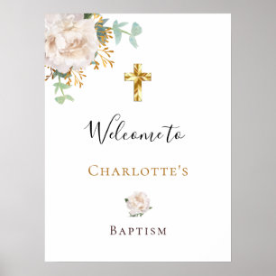 Taufe Eukalyptus weiß floral gold Kreuz Willkommen Poster