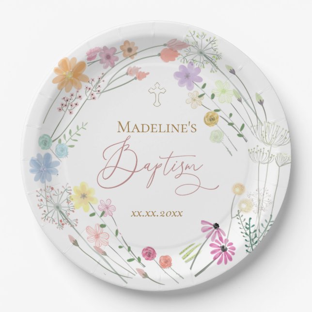 Taufe farbenfrohe Wildblumen Kranz Pappteller (Vorderseite)
