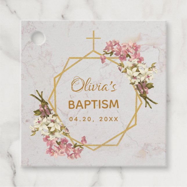 Taufe Floral Gold Rosa Orchideen Marble Geometric Geschenkanhänger (Vorderseite)