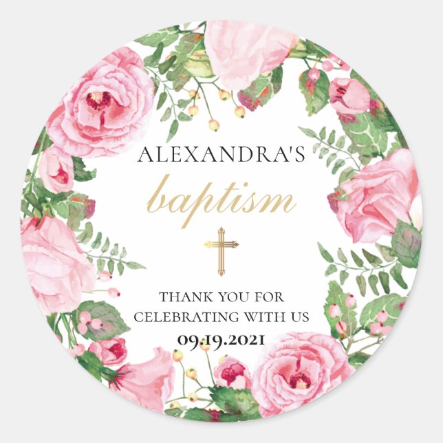 Taufe Floral Vielen Dank Runder Aufkleber (Vorderseite)