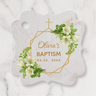 Taufe Floral White Lilies Gold Marmor Geometric Geschenkanhänger