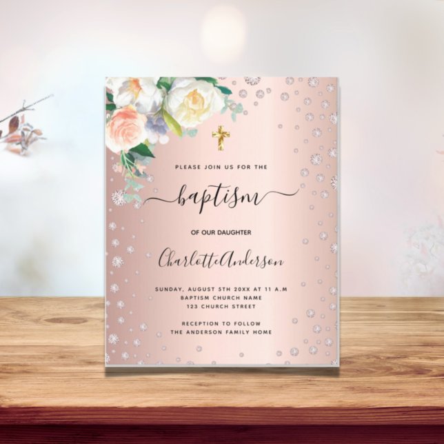 Taufe florale Rose goldfarbenes Mädchen elegant Einladungspostkarte (Von Creator hochgeladen)