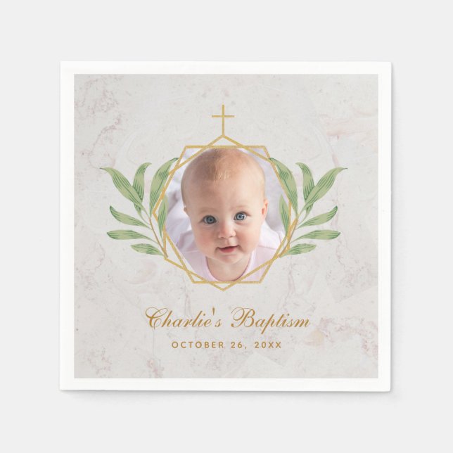 Taufe Foto Botanische Blätter Foliage Gold Marmor Serviette (Vorderseite)