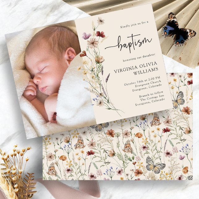 Taufe Foto Einladung (Boho Baptism Floral Photo Invitation by Painted Paperie
)