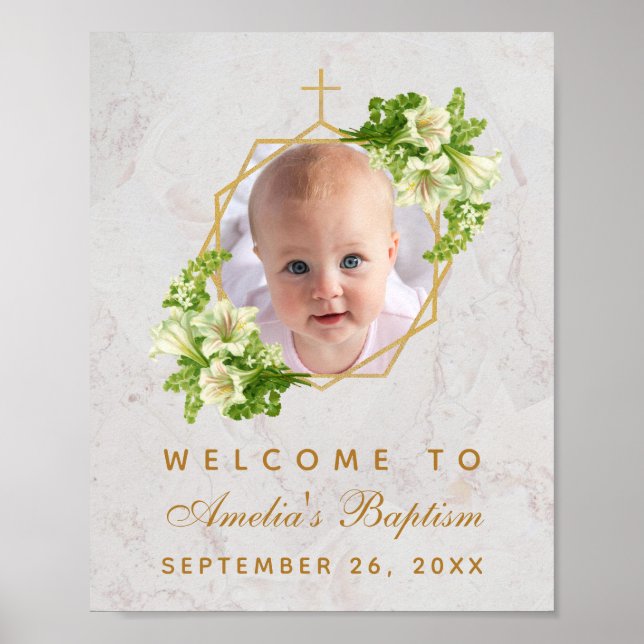 Taufe Foto Girl White Lilies Gold Willkommenszeich Poster (Vorne)