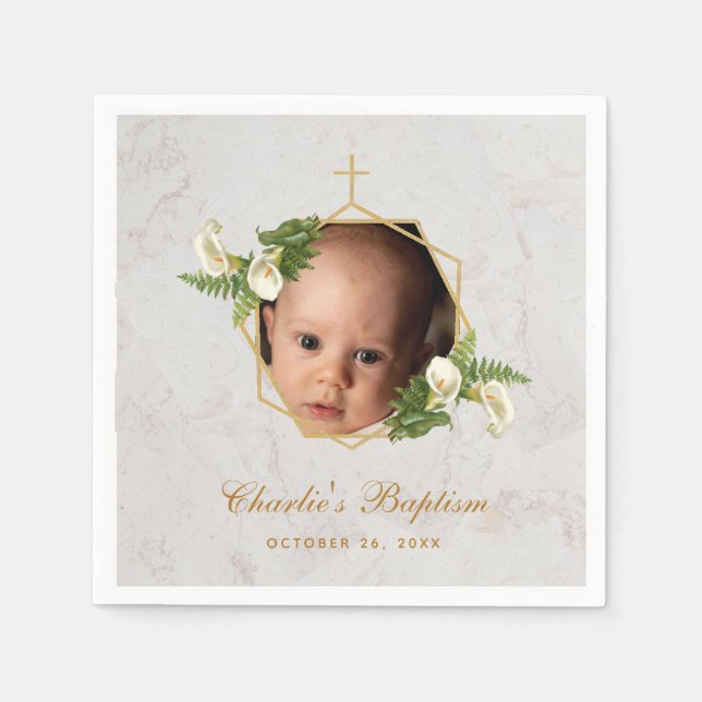 Taufe Foto Marmor Floral Calla Lilies Gold Serviette (Vorderseite)