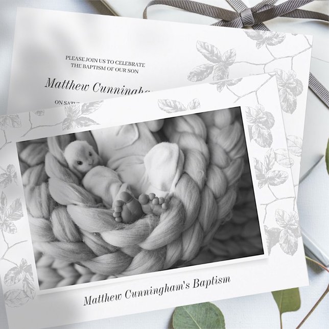 Taufe für ihn | Einfaches Foto Grau Foliage Save The Date (Von Creator hochgeladen)