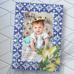 Taufe für ihre mediterranen Tiles Lemons-Blume Dankeskarte<br><div class="desc">Besteht aus Serifentypografie. Alle vor einem Hintergrund von blauen und weißen mediterranen Fliesen mit grünen Blättern,  Zitronen und wilden Blume. Dieses wurde von Select Party Supplies entworfen,  exklusiv für Zazzle. Abrufbar unter: http://www.zazzle.com/selectpartysupplies</div>