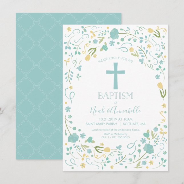 Taufe für Junge und/oder Mädchen mit Kreuz Einladung (Vorne/Hinten)