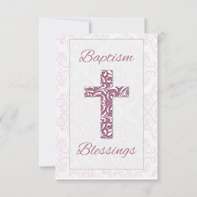 Taufe für Mädchen Segen Rosa Kreuz Damaskus Wirbel Dankeskarte (Vorderseite)