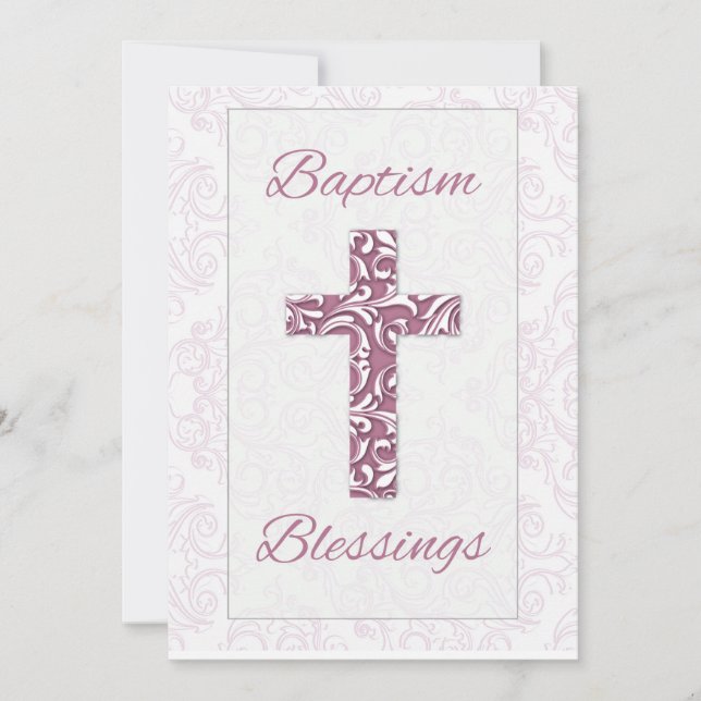 Taufe für Mädchen Segen Rosa Kreuz Damaskus Wirbel Einladung (Vorderseite)