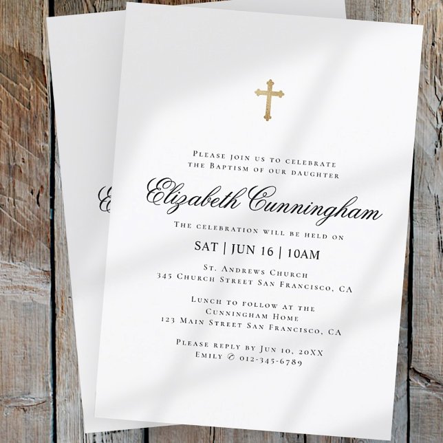 Taufe für sie | Minimalistisches Goldkreuz Einladung (Von Creator hochgeladen)