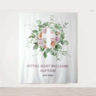 Taufe Girl Background - Romantische Blume & Kreuz Wandteppich