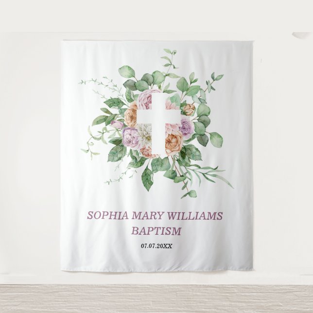 Taufe Girl Background - Romantische Blume & Kreuz Wandteppich (Vorderseite)