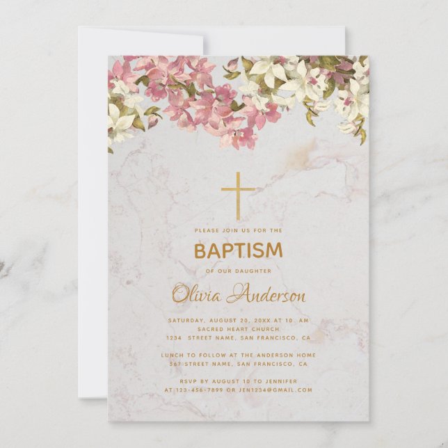 Taufe Girl Bloral Pink Orchids Gold Cross Marmor Einladung (Vorderseite)