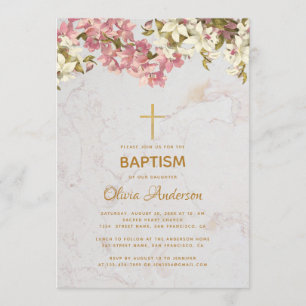 Taufe Girl Bloral Pink Orchids Gold Cross Marmor Einladung
