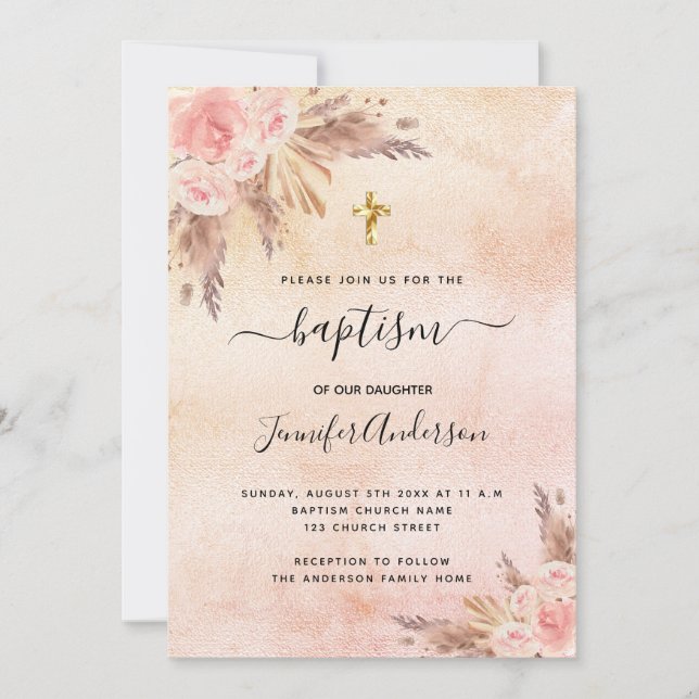Taufe Girl boho Pampas Gras Rose Rosa Einladung (Vorderseite)